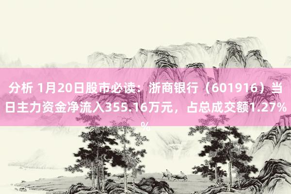 分析 1月20日股市必读：浙商银行（601916）当日主力资金净流入355.16万元，占总成交额1.27%