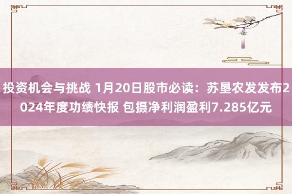 投资机会与挑战 1月20日股市必读：苏垦农发发布2024年度功绩快报 包摄净利润盈利7.285亿元